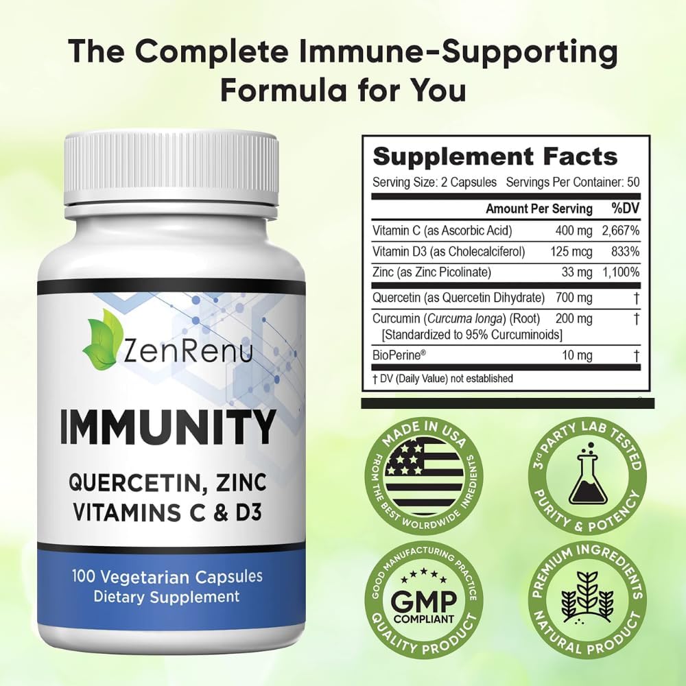 Immunity Quercetin 700 mg with Zinc, Vitamin C, Vitamin D3, and Curcumin – 100 Vegetarian Capsules - görsel 6