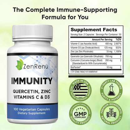 Immunity Quercetin 700 mg with Zinc, Vitamin C, Vitamin D3, and Curcumin – 100 Vegetarian Capsules
