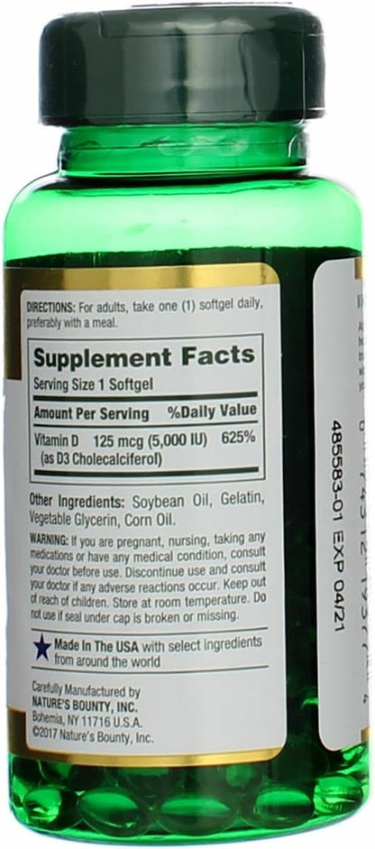 Nature's Bounty Vitamin D3 5000 IU Softgels, 100 Count