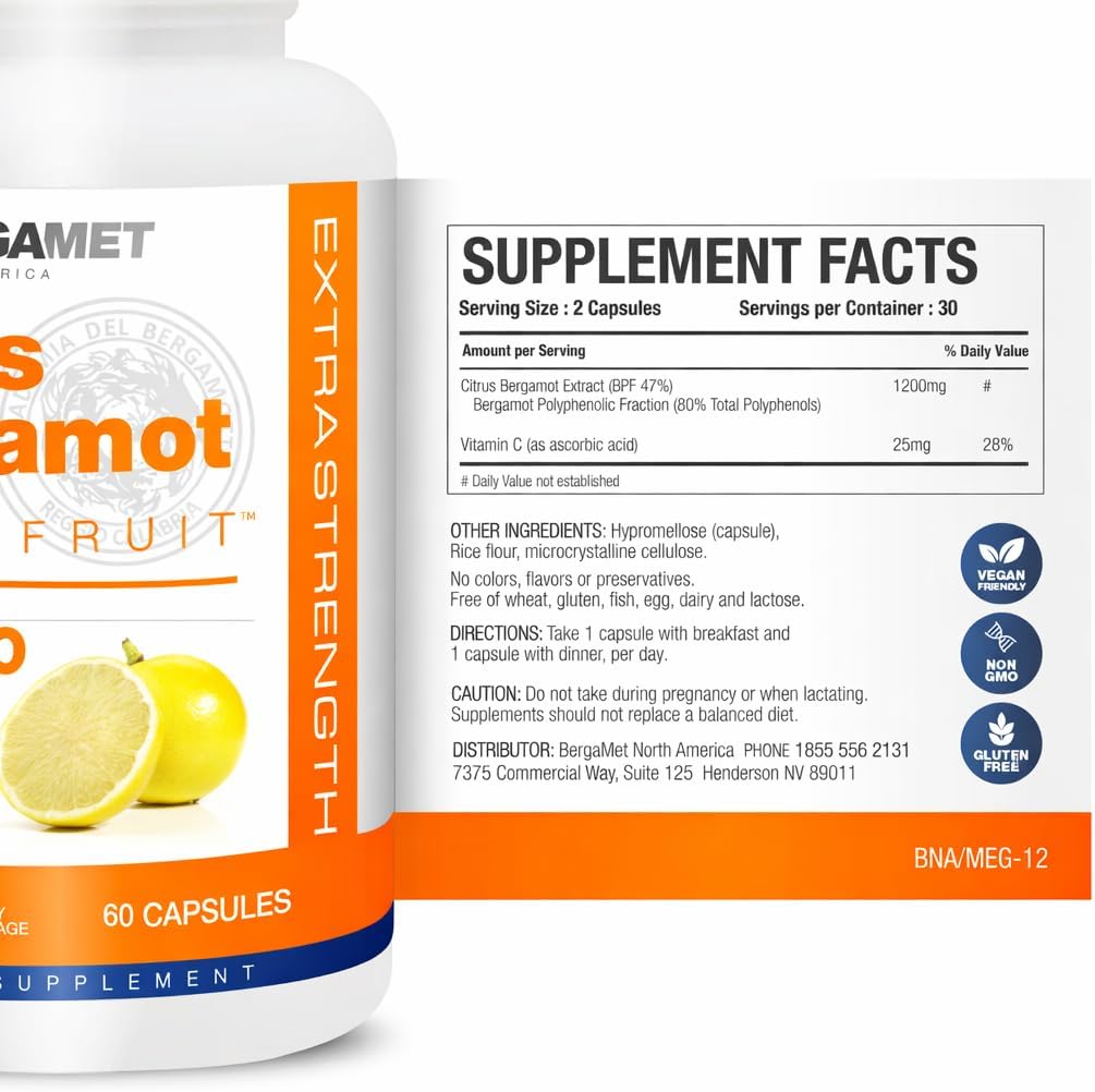BergaMet Citrus Bergamot Supplement - 170:1 Extract, 1200mg, 80% Polyphenols, 60 Capsules - görsel 2