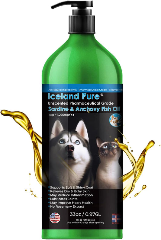 Sardine Anchovy Oil | 1296mg Omega | Unscented Pharmaceutical Grade | For Dogs & Cats | BPA-Free Brushed Aluminium Epoxy Coated Bottle with Pump 33 OZ