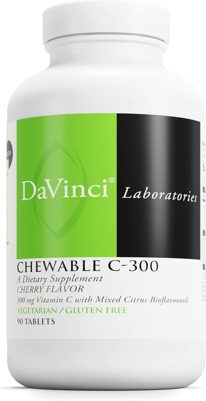 DaVinci Labs Chewable C-300 – Vitamin C Supplement with Bioflavonoids & Pectin, Cherry Flavour, 90 Vegetarian Tablets