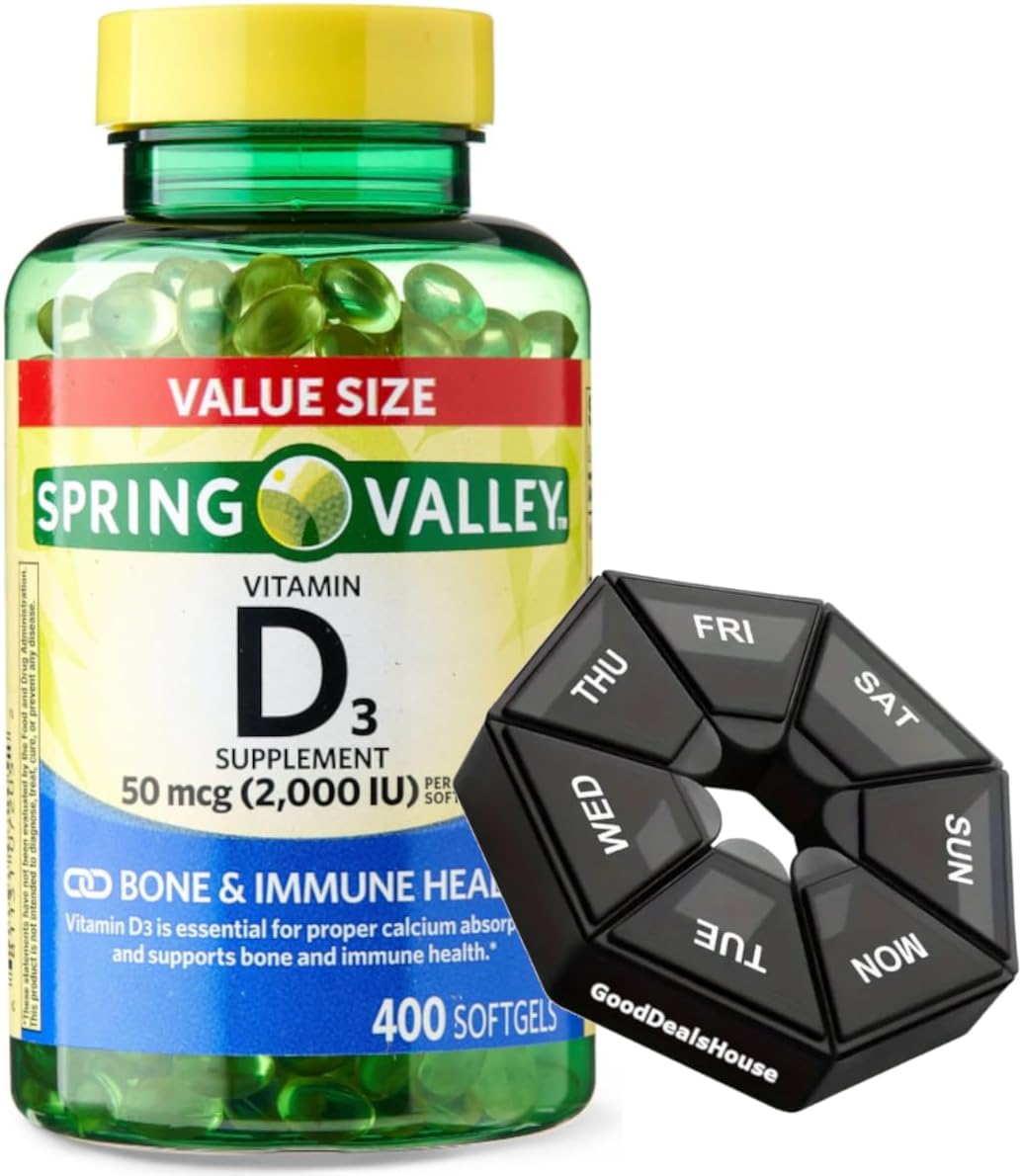 Spring Valley Vitamin D3 50 mcg (2,000 IU) Soft gel capsules, 400 Count + Weekly Pillbox - görsel 1