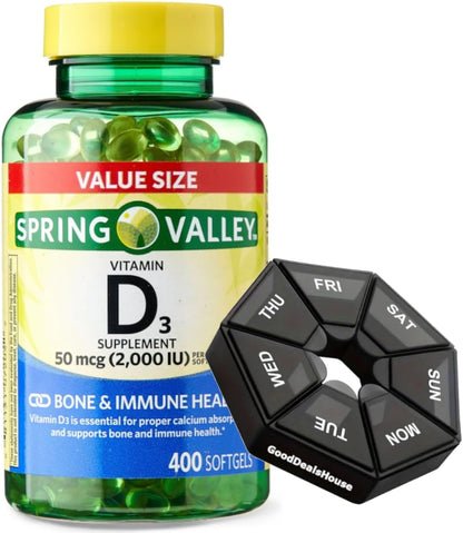 Spring Valley Vitamin D3 50 mcg (2,000 IU) Soft gel capsules, 400 Count + Weekly Pillbox