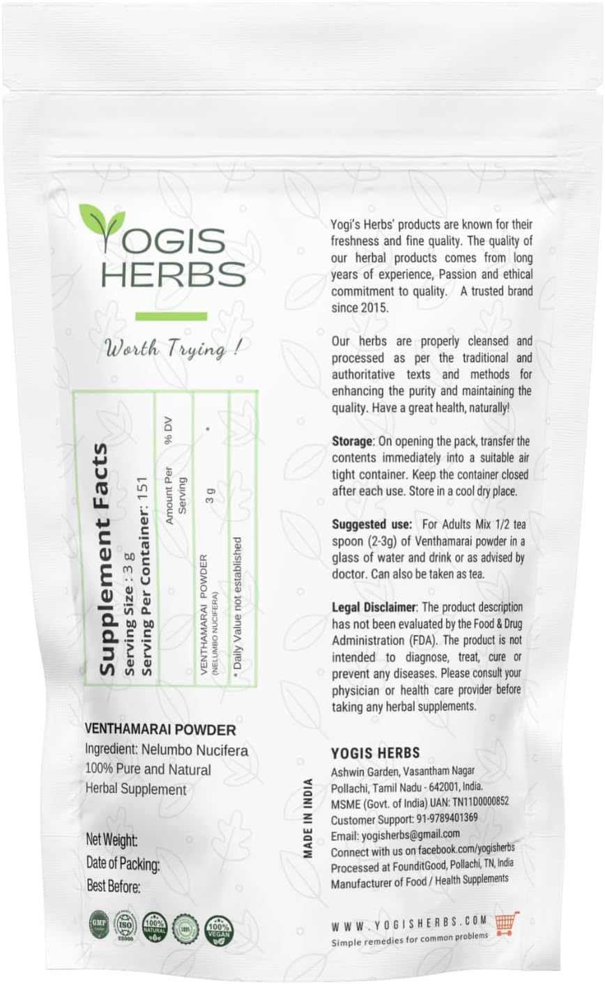 YOGIS HERBS Venthamarai Powder – Pure White Lotus (Nelumbo nucifera) Petal Powder for Heart Wellness & Calm - görsel 2