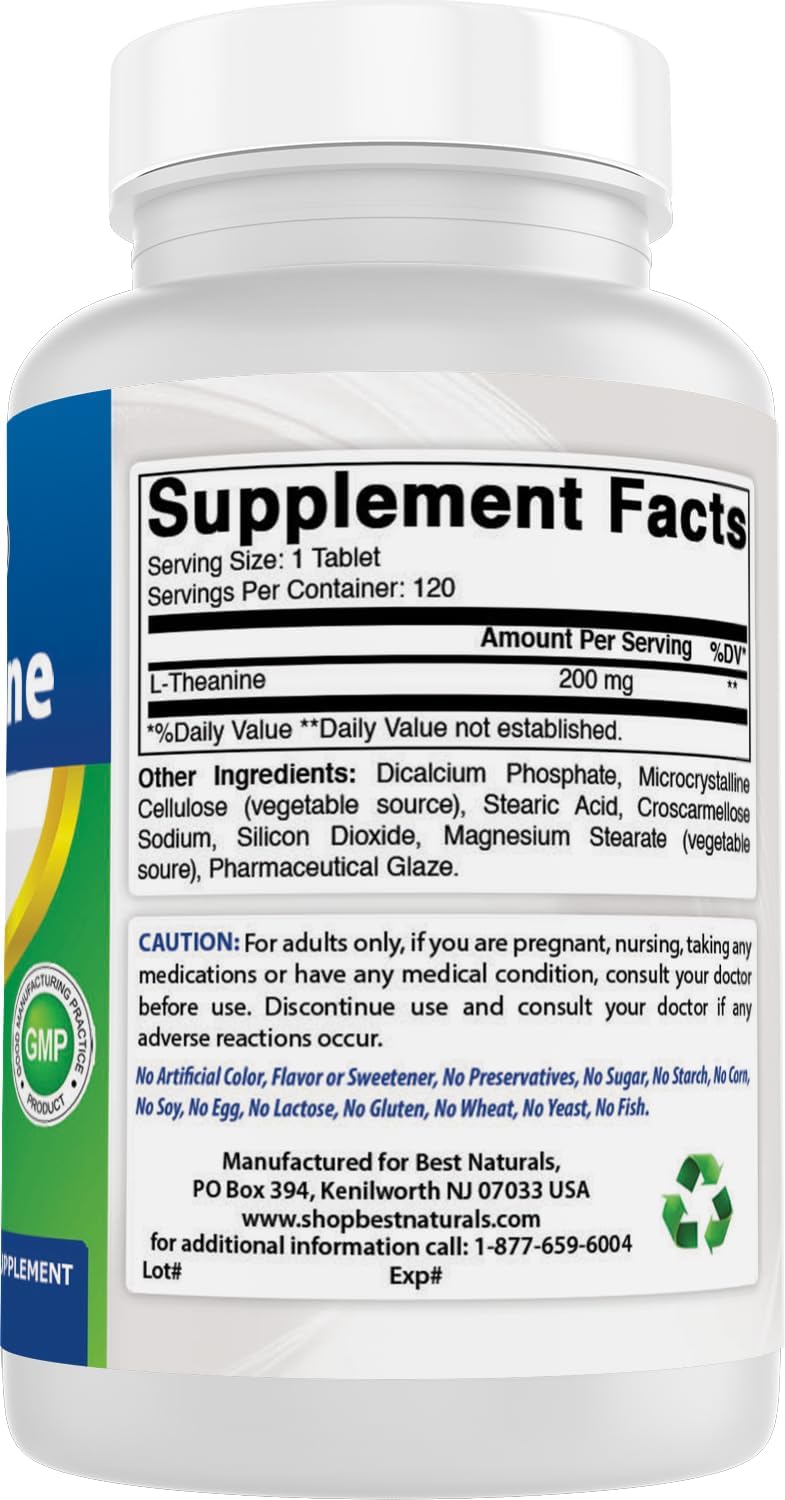 Best Naturals L-Theanine 200mg Tablets – 120 – Form and Ingredients: Vegetarian tablets with a clean ingredient – Image 6