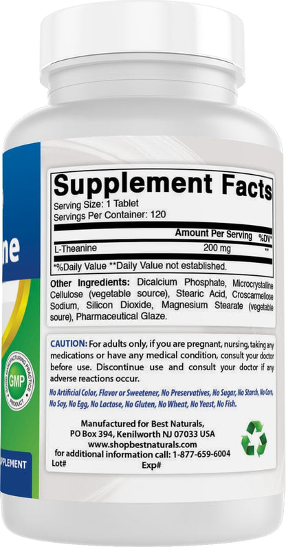 Best Naturals L-Theanine 200mg Tablets – 120 – Form and Ingredients: Vegetarian tablets with a clean ingredient – Image 6