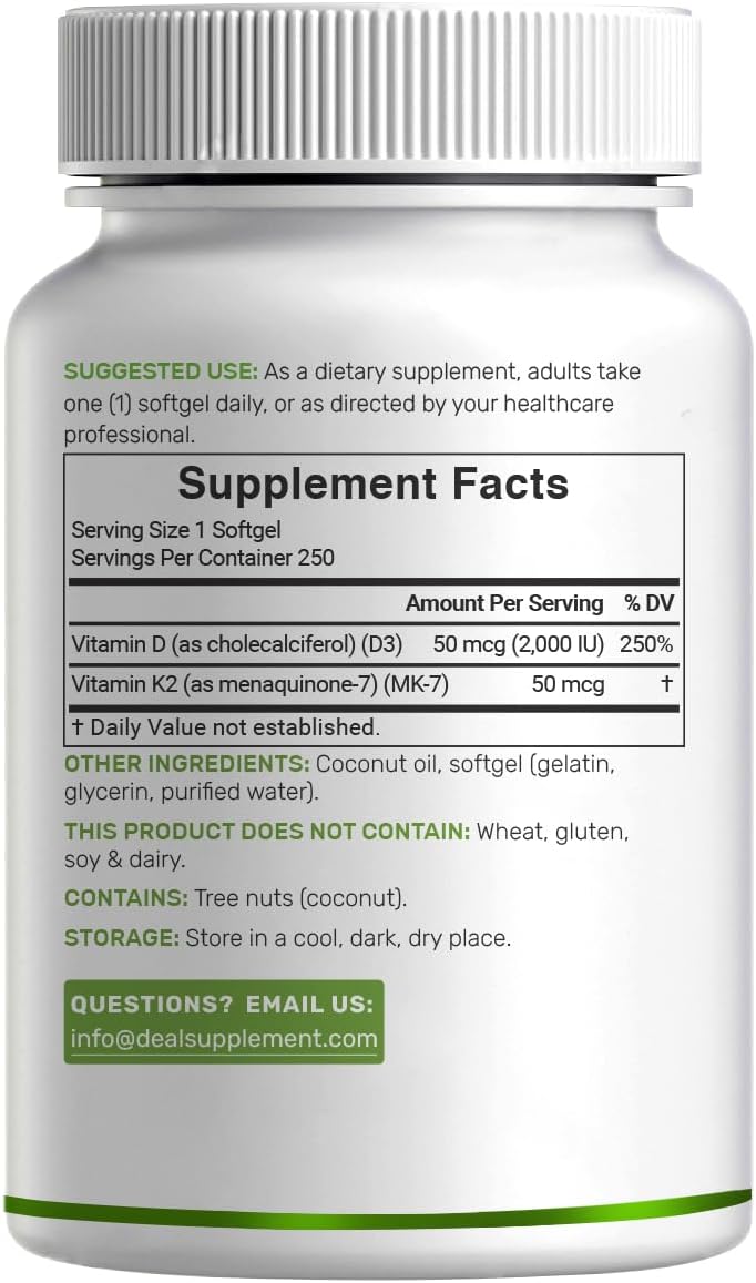 DEAL SUPPLEMENT Vitamin D3 2,000 IU + K2 MK7 50mcg Soft gel capsules with Virgin Coconut Oil - görsel 7