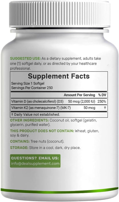 DEAL SUPPLEMENT Vitamin D3 2,000 IU + K2 MK7 50mcg Soft gel capsules with Virgin Coconut Oil