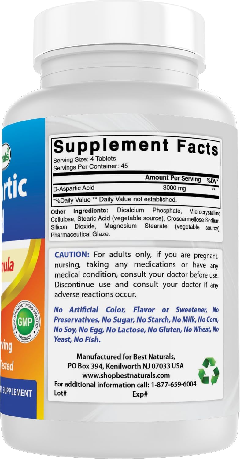 Best Naturals D-Aspartic Acid (DAA) 3000mg per Serving – Non-GMO & Gluten-free – 180 Tablets – Image 6