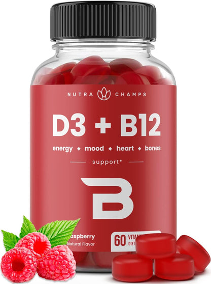 NutraChamps Vitamin D3 & B12 Gummies with Methyl B12 and Folate - Natural Raspberry Flavour, 120 Gummies (Pack of 2)