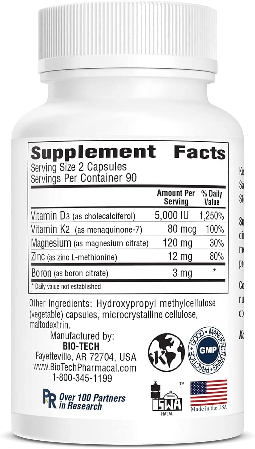Bio-Tech Pharmacal D3Plus – Natural Vitamin D3 Supplement with K2, Magnesium, Zinc & Boron, 180 Vegetable Capsules - görsel 4