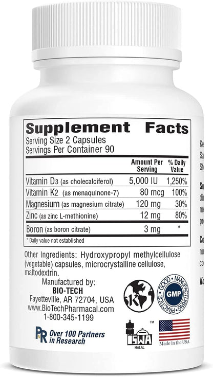 Bio-Tech Pharmacal D3Plus – Natural Vitamin D3 Supplement with K2, Magnesium, Zinc & Boron, 180 Vegetable Capsules
