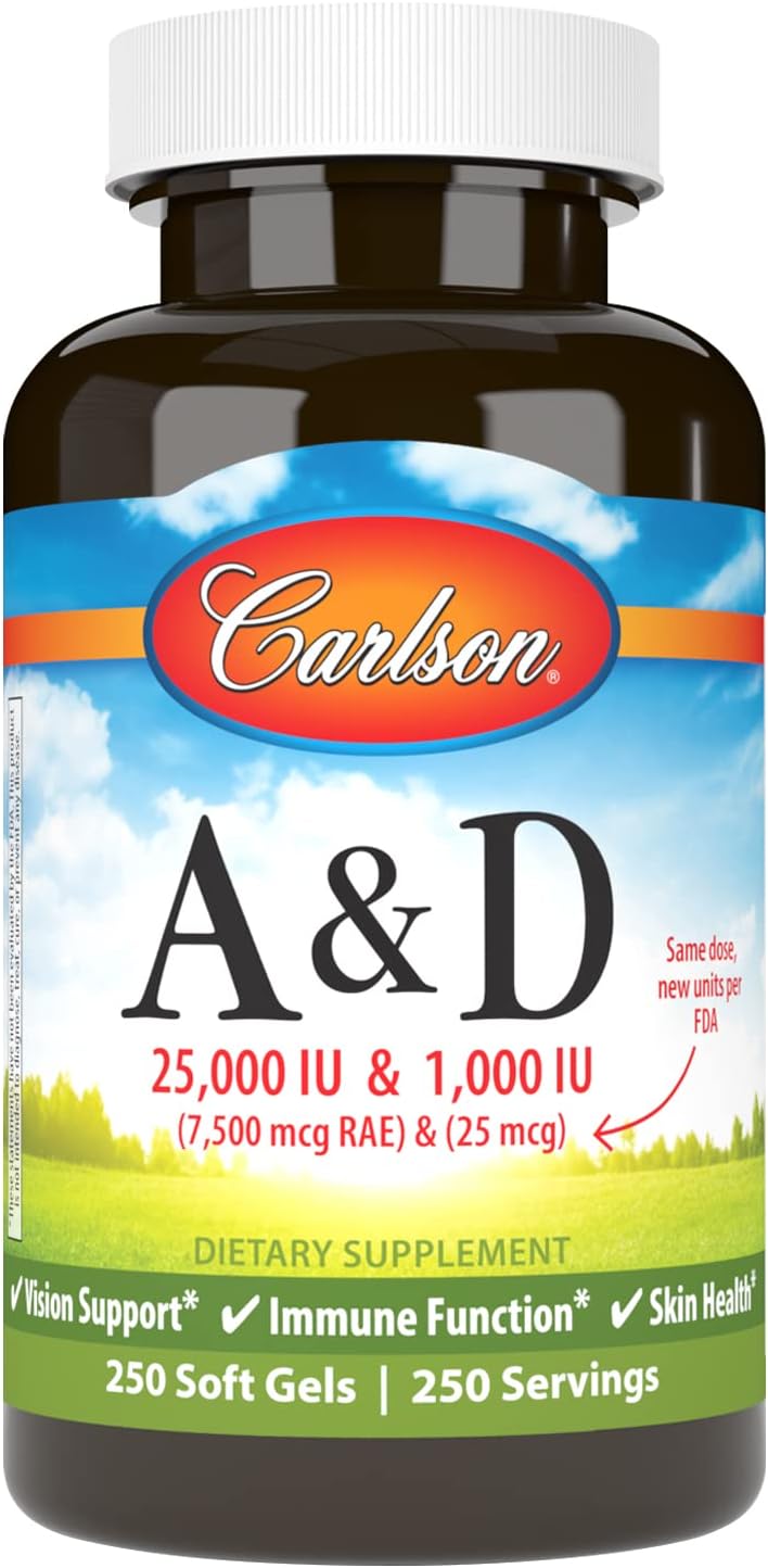 Carlson - A & D, 25000 IU (7500 mcg RAE) Vitamin A, 1000 IU (25 mcg) Vitamin D, Vision Support, Skin Health, 250 Softgels - görsel 1