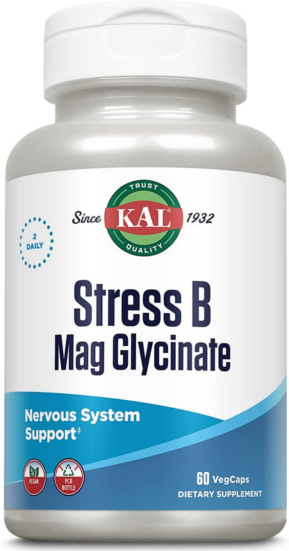 KAL Stress B Mag Glycinate – B Complex Vitamins Plus Magnesium, Active Forms, 60 VegCaps