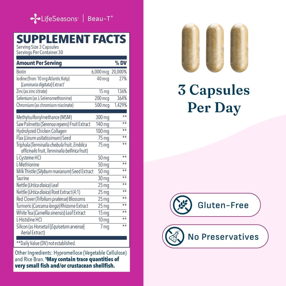 LifeSeasons Beau-T Hair, Skin & Nails Supplement with Biotin, Collagen, Turmeric - 90 Capsules - görsel 5