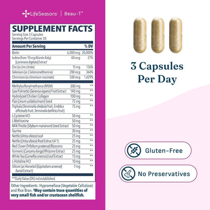 LifeSeasons Beau-T Hair, Skin & Nails Supplement with Biotin, Collagen, Turmeric - 90 Capsules