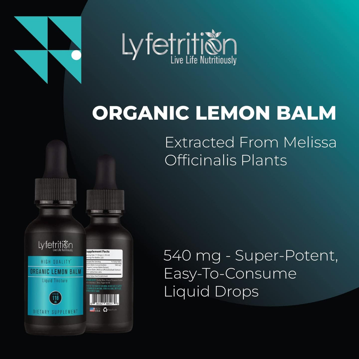 Lyfetrition Organic Lemon Balm 540 mg Liquid Extract, 118 ml (220 Servings) - görsel 4
