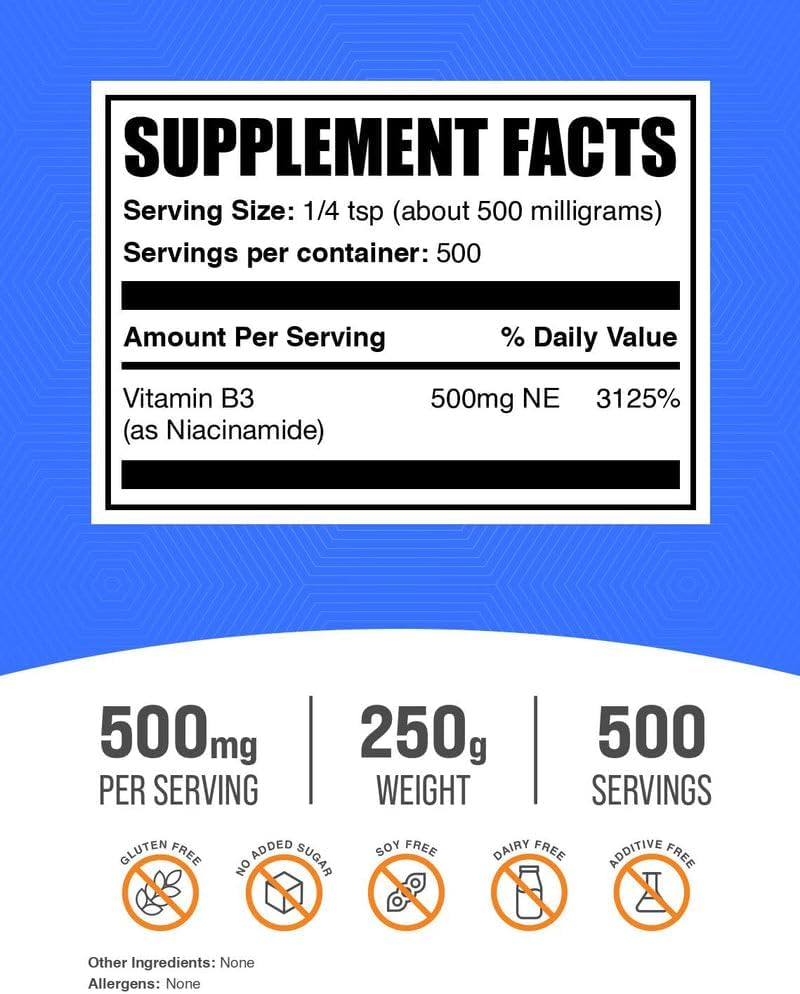 BulkSupplements.com Niacinamide Powder - Vitamin B3 Supplement, 500mg per Serving, 250g (8.8 oz) - görsel 2