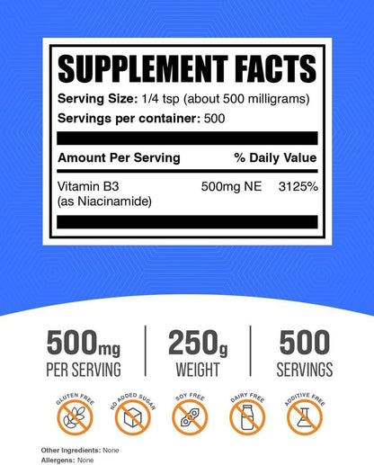 BulkSupplements.com Niacinamide Powder - Vitamin B3 Supplement, 500mg per Serving, 250g (8.8 oz)