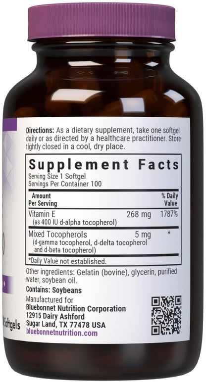 Bluebonnet Nutrition Vitamin E 400 IU (268 mg) Mixed Tocopherols Soft Capsules