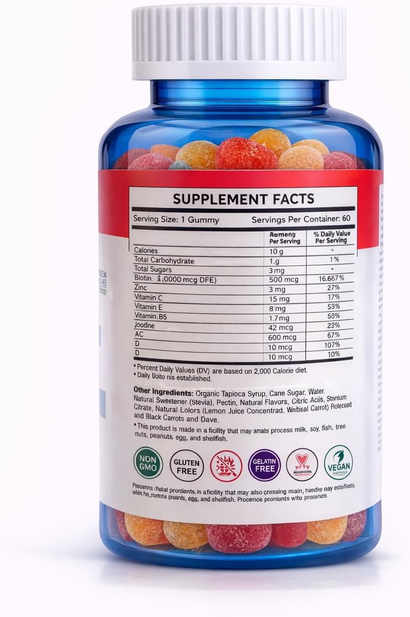 Wellrite Hair, Skin & Nail Gummy Vitamins - Strawberry Flavoured - 60 Count - Vegan & Gluten-free - görsel 2