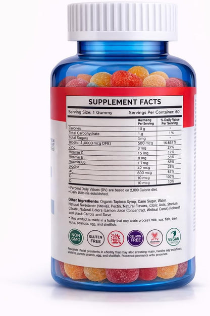 Wellrite Hair, Skin & Nail Gummy Vitamins - Strawberry Flavoured - 60 Count - Vegan & Gluten-free