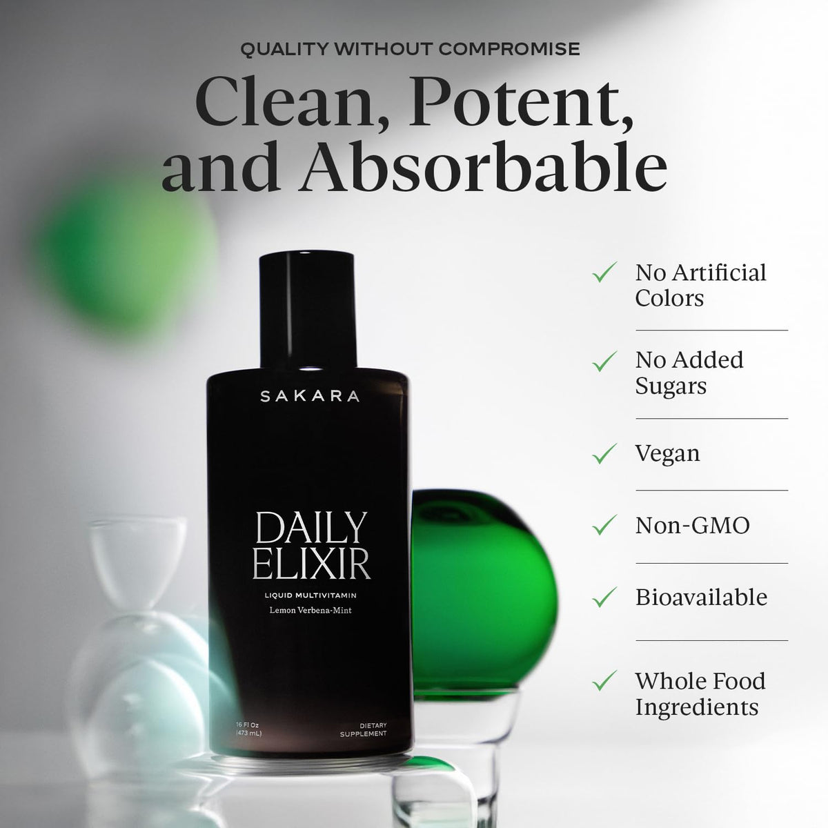 SAKARA Daily Elixir Liquid Multivitamin – High-Absorption Plant-Based Vitamins & Minerals for Energy, Skin, Hair & Nail Health with Vitamin E, Selenium & Folate, Sugar-Free Lemon Verbena Mint, 473ml - görsel 4
