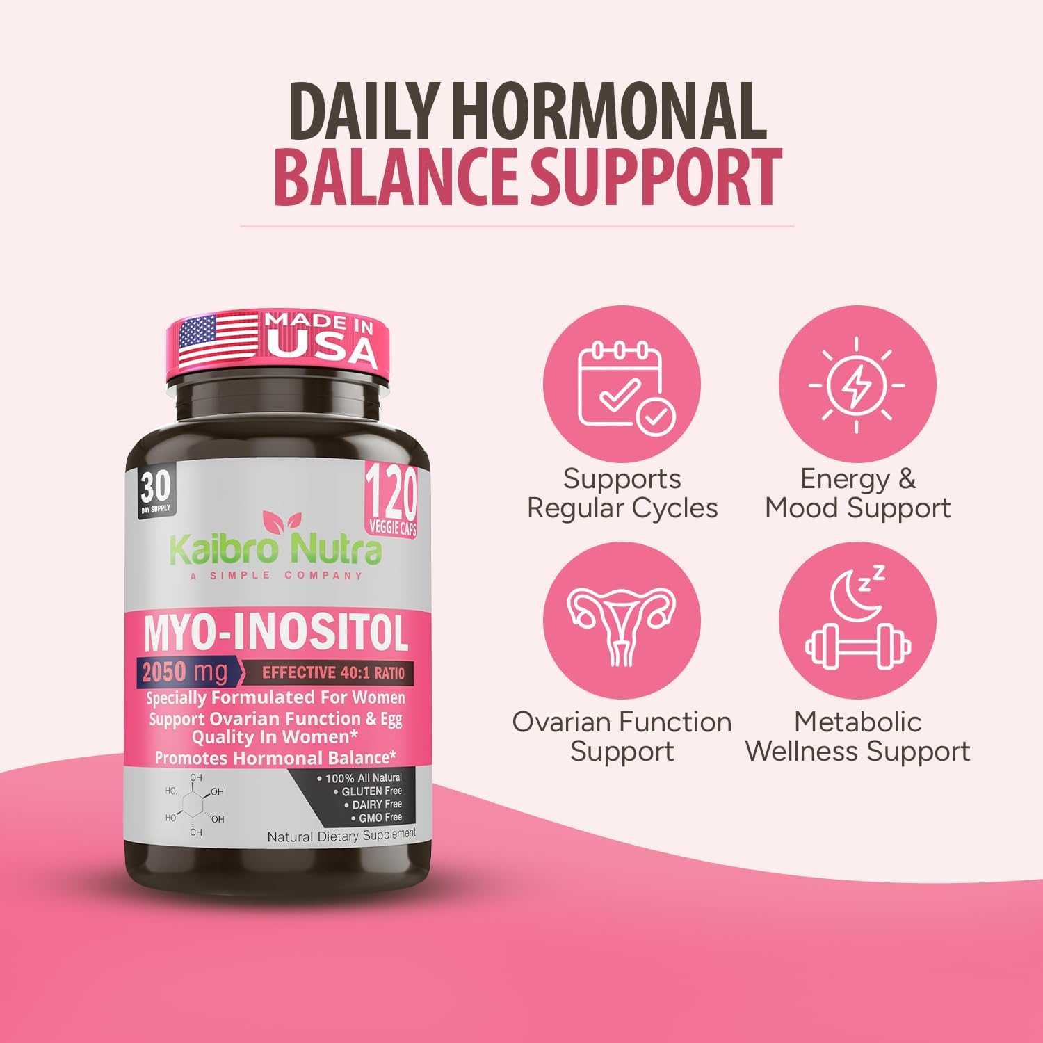 Kaibro Nutra Myo-Inositol Supplement, Myo-Inositol & D-Chiro Inositol 40:1 Ratio, Women's Health Support with Vitamin B8, 2050mg, Vegan, Non-GMO Capsules (120 Count) - görsel 3