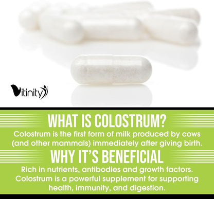 VITINITY Grass-fed Bovine Colostrum Capsules – Natural IgG Supplement for Digestive Health, Immune Support & Muscle Recovery (120 Capsules)