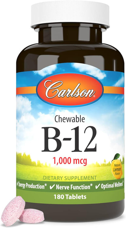 Carlson Chewable B12, 1000 mcg, Energy Metabolism, Nerve Function & Overall Wellbeing, Lemon Flavour, 180 Tablets