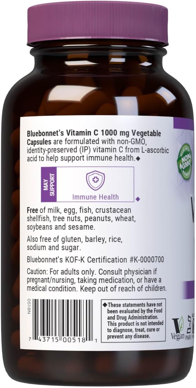 Bluebonnet Nutrition Vitamin C 1000 mg Vegetable Capsules - Ascorbic Acid for Immune & Skin Health - görsel 3