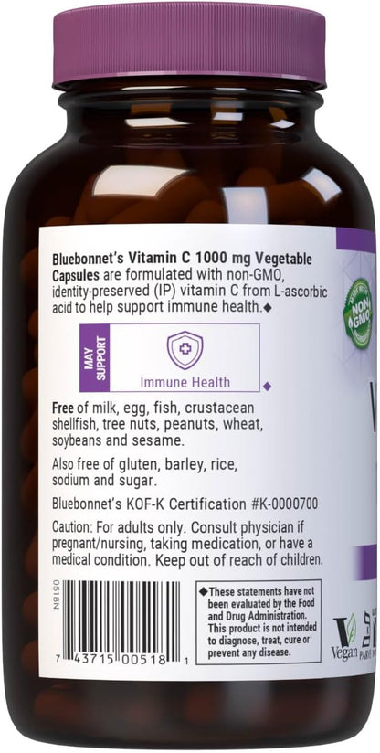 Bluebonnet Nutrition Vitamin C 1000 mg Vegetable Capsules - Ascorbic Acid for Immune & Skin Health