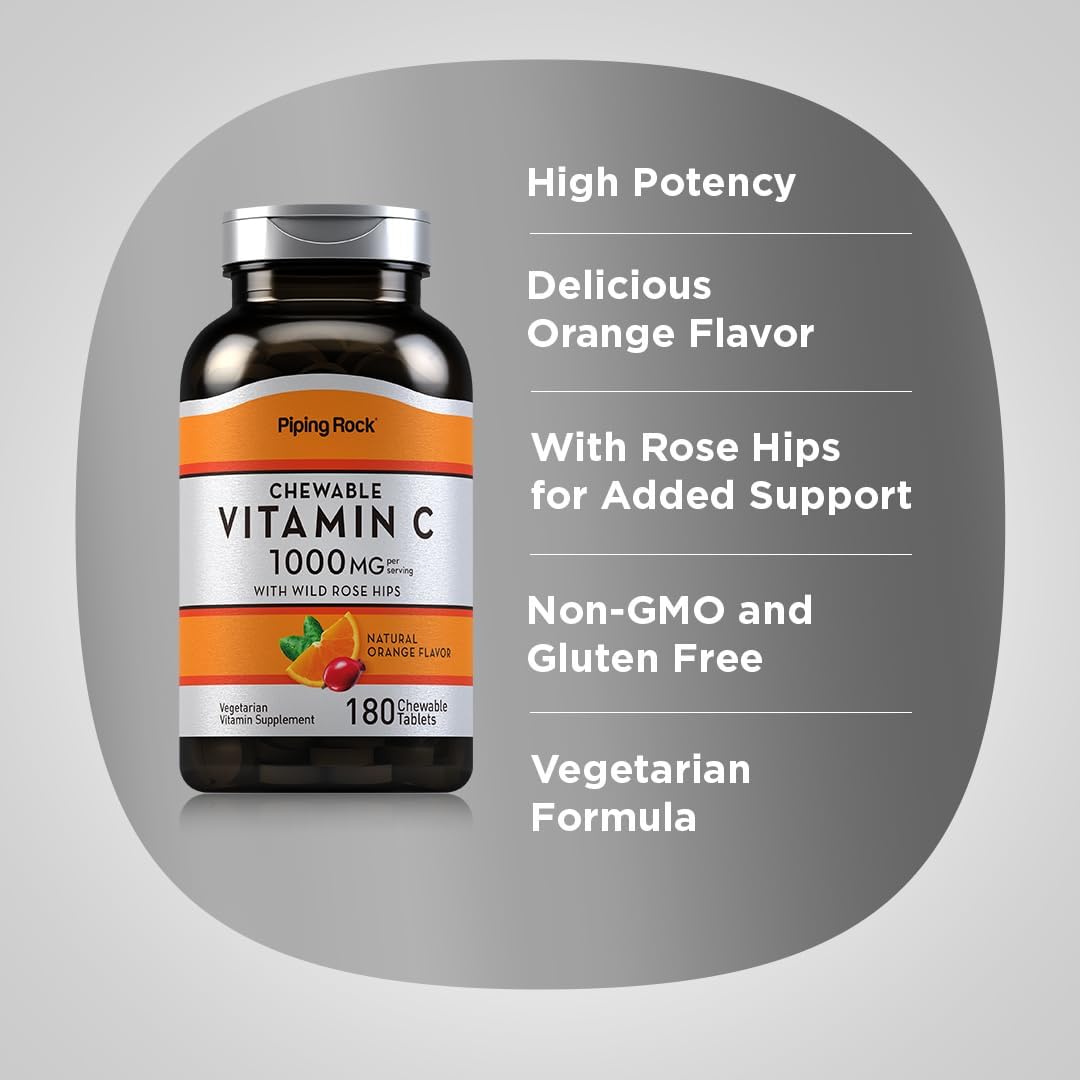 Piping Rock Vitamin C 1000mg Chewable Tablets with Rose Hips - Orange Flavour - 180 Count - görsel 4