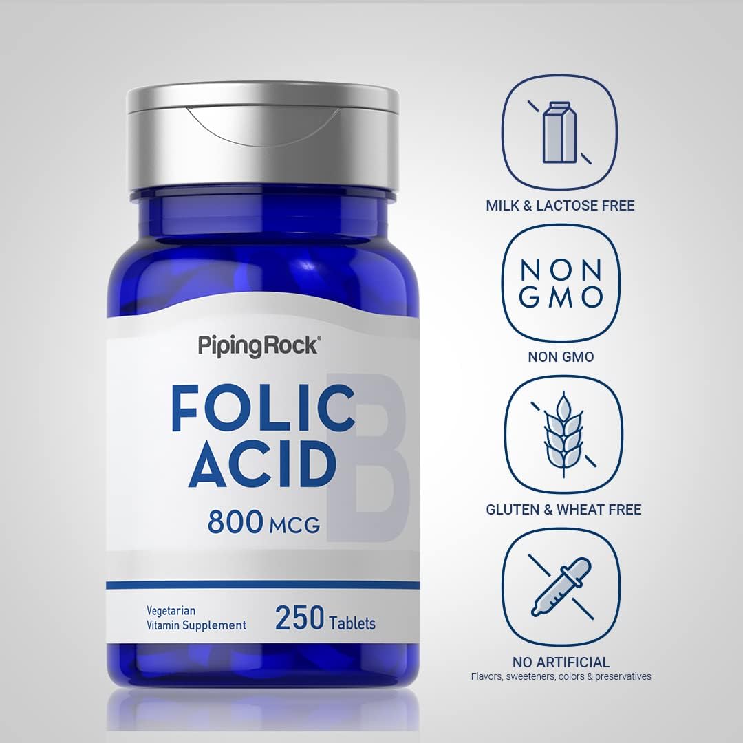 Piping Rock Folic Acid Supplement for Women and Men, 800 mcg, 250 Tablets, Maximum Strength Folate, Vegetarian, Non-GM, Gluten-free - görsel 3
