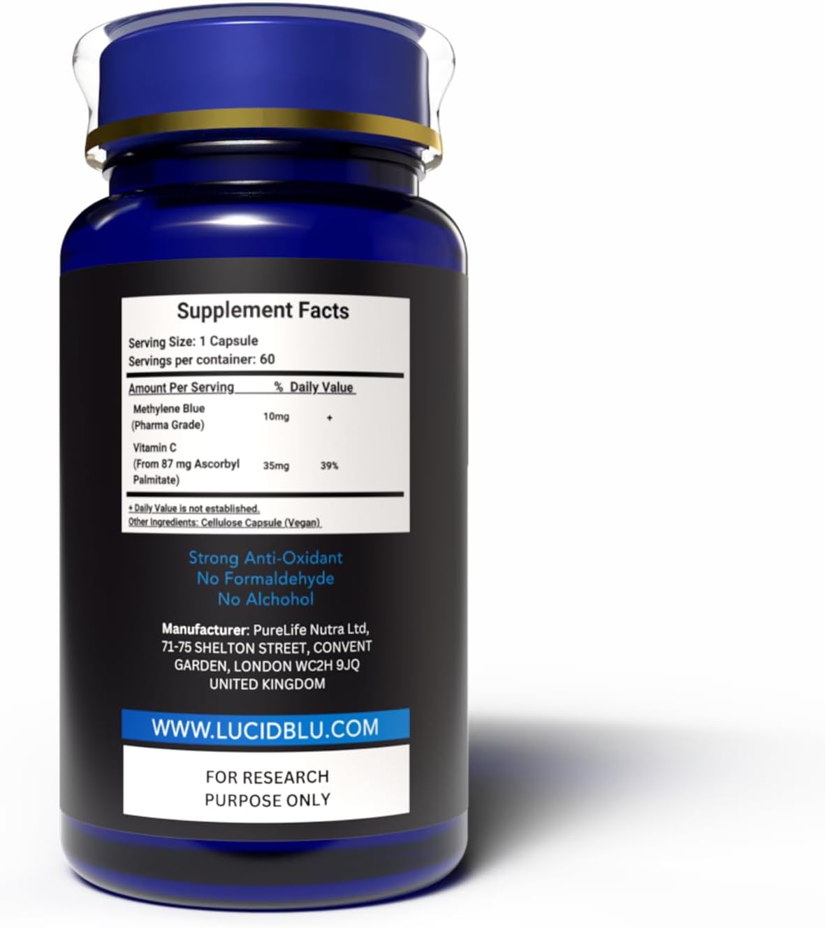 Methylene Blue Capsules (USP) - 10mg with Vitamin C - 99.99% Purity - Lucid Blu - görsel 2