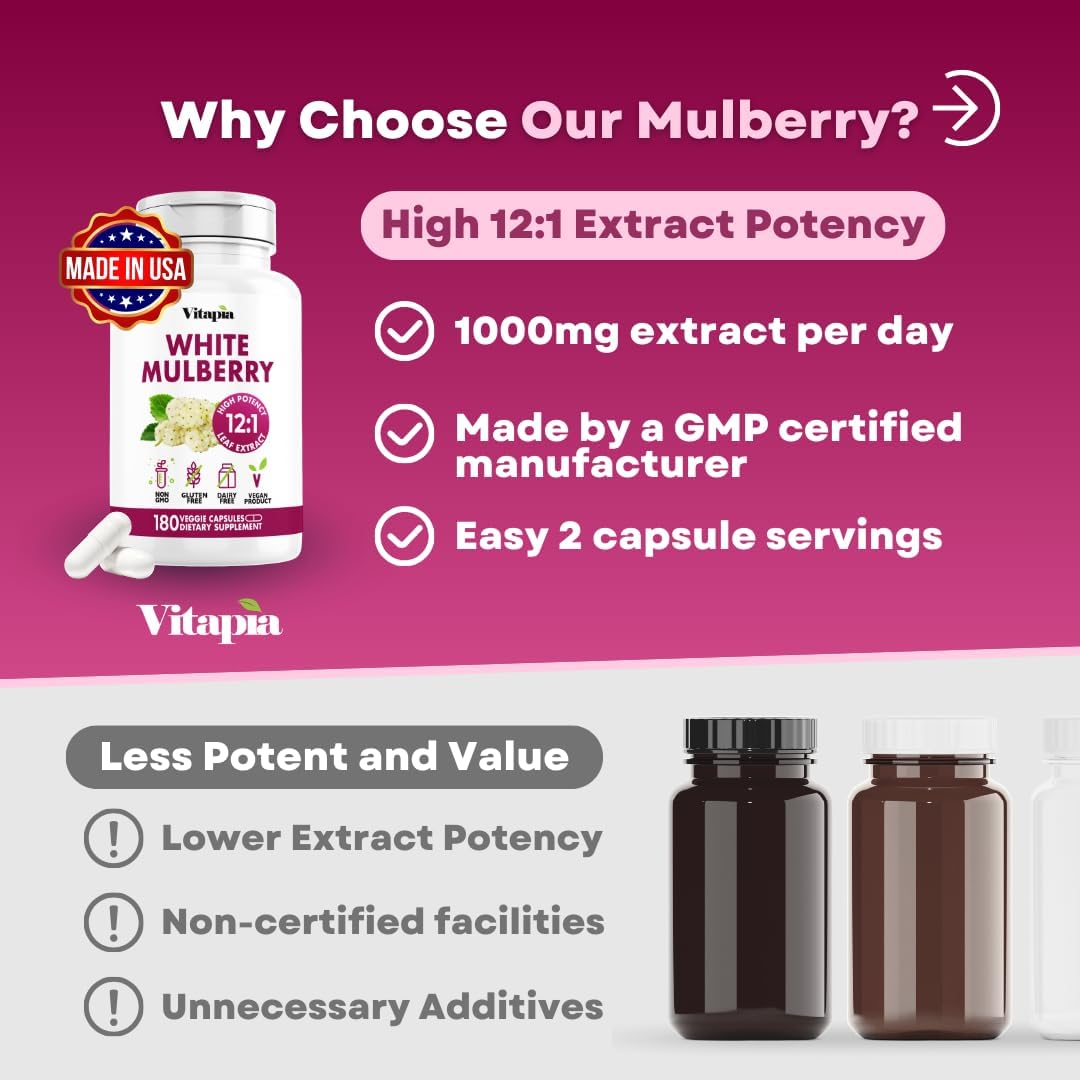 Vitapia White Mulberry Leaf Extract 1000mg – 12:1 Concentrated Food Supplement – 180 Vegan Capsules - görsel 5