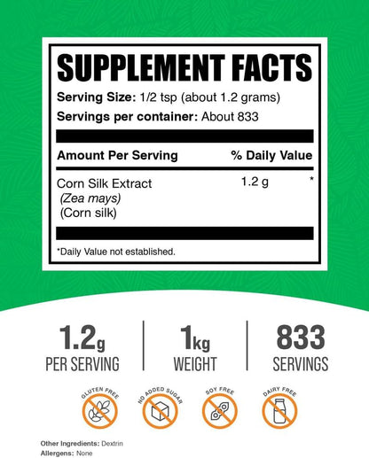 BulkSupplements Corn Silk Extract Powder - Vegan & Gluten-free, 1.2g per Serving, 1kg