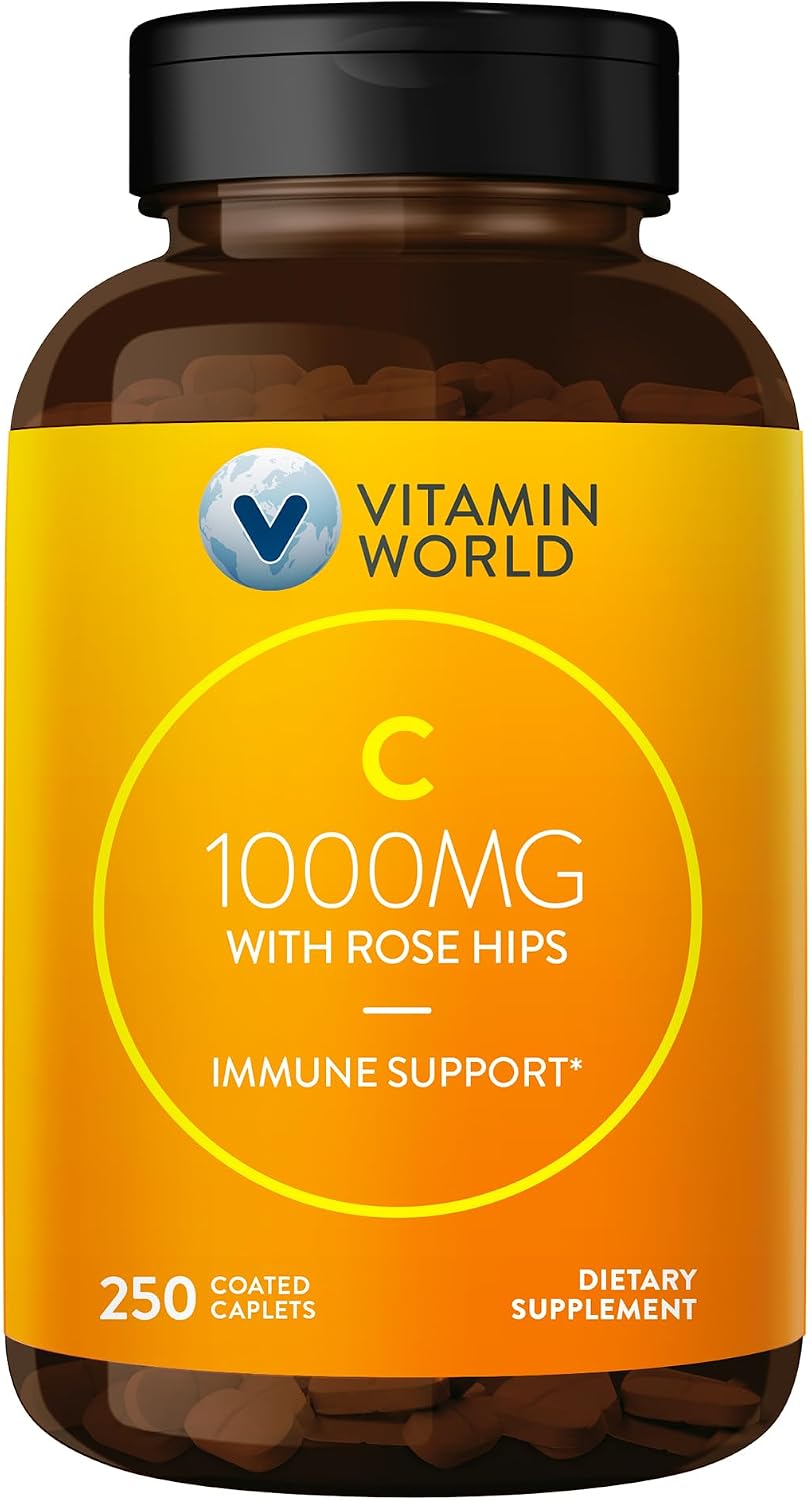 Vitamin World C-1000 mg with Bioflavonoids and Wild Rose HIPS Vitamin C, 250 Coated Caplets - görsel 1