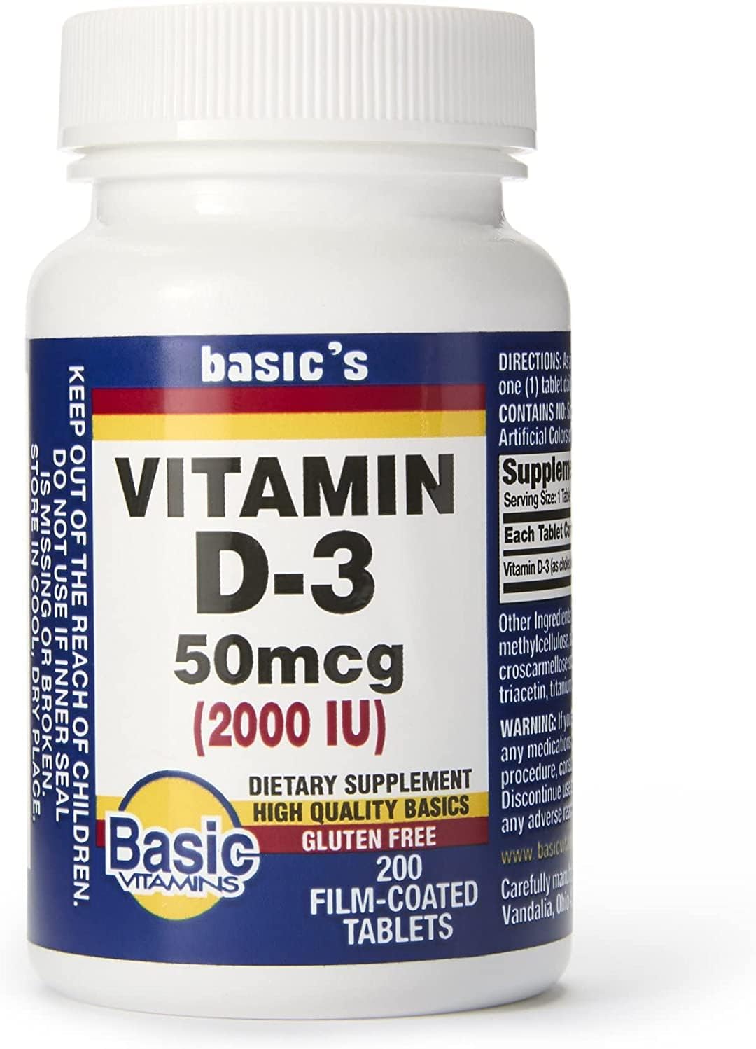Basic Vitamins Natural Vitamin D3 2000 IU - 200 Film-Coated Tablets - görsel 1