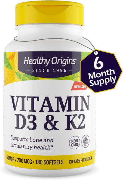 Healthy Origins Vitamin D3 2,000 IU & K2 200 mcg (MK-7) - 180 Liquid Softgels