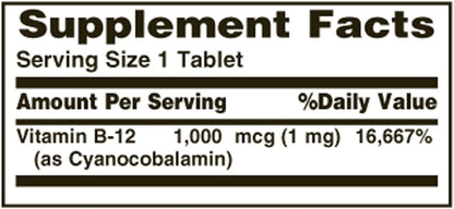 Nature's Bounty Vitamin B-12 1000 mcg Tablets, 100 Count