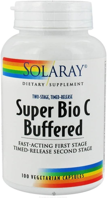 SOLARAY Super Bio Vitamin C 1000mg, Buffered, Time Release Capsules with Bioflavonoids, Two-Stage for High Absorption & All Day Immune Support, Vegan, 60-Day Guarantee, 50 Servings, 100 VegCaps