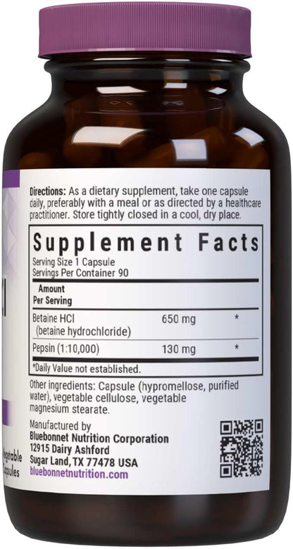 BlueBonnet Betaine HCl Plus Pepsin Vegetarian Capsules, 90 Capsules