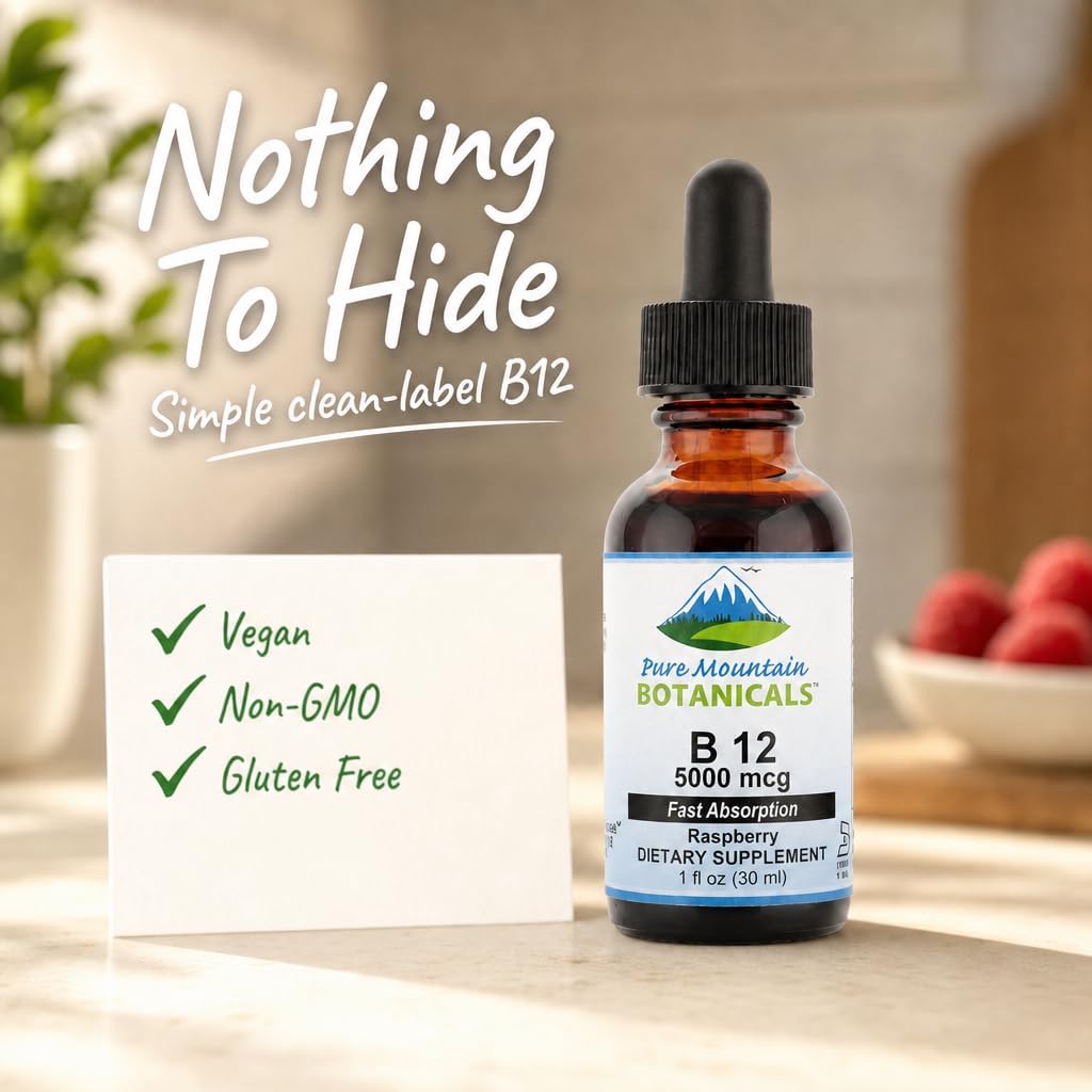 Pure Mountain Botanicals B12 5000 mcg Liquid Drops - Natural Berry Flavour - Vegan, Kosher B12 Supplement - görsel 3