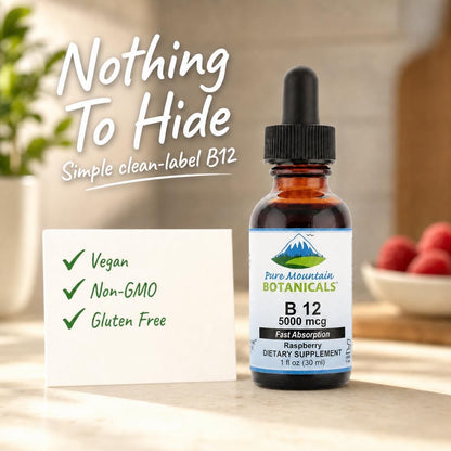 Pure Mountain Botanicals B12 5000 mcg Liquid Drops - Natural Berry Flavour - Vegan, Kosher B12 Supplement