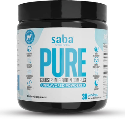 Saba Pure Colostrum & Biotin Complex – Unflavoured, Easy-Mixing Powder for Gut Health, Immunity, Hair, Skin & Nails, 60 Servings