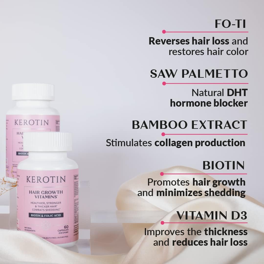 Kerotin Hair Growth Vitamins - Biotin Supplement, DHT Blocker, Collagen Stimulator for Hair Loss Support (60 Capsules) - görsel 3