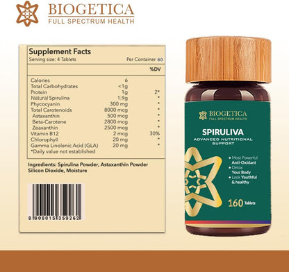 Spiruliva Organic Spirulina with Astaxanthin Tablets – Vegan Superfood Supplement (160 Tablets)