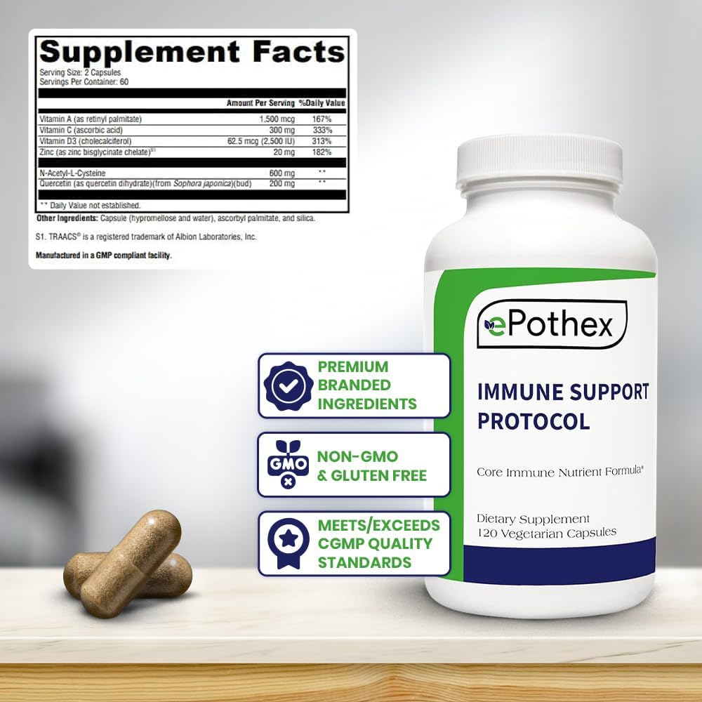 EPOTHEX Immune Support Protocol – Effective Blend of Vitamin C, N-Acetyl Cysteine, Zinc, Vitamin D 2500 IU, Vitamin A, Quercetin – 120 Capsules (60-Day Supply) - görsel 2
